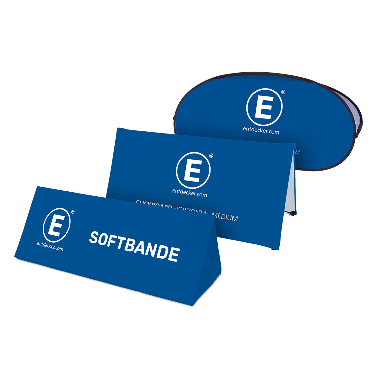Verschiedene Werbebanden mit Entdecker-Logo und verschiedenen Grafiken.