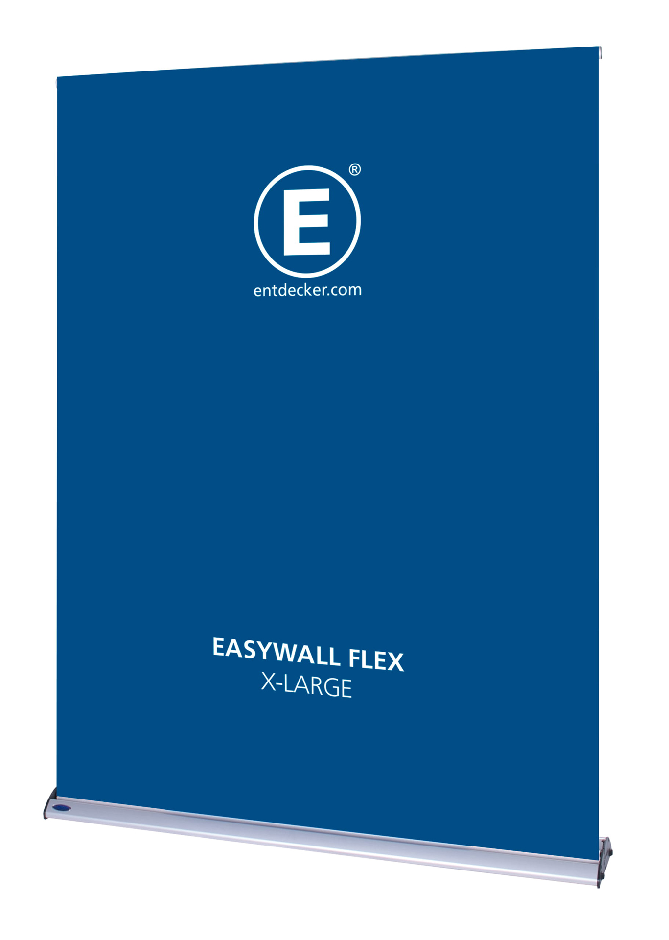 Zwei Roll-Up Banner des Produkts Easywall Flex, eines in der Größe Small und das andere in X-Large, beide in Blau mit dem Logo von ENTDECKER.