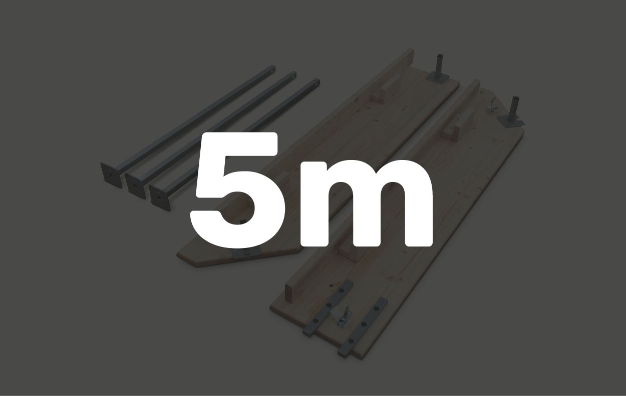 Zubehör für Faltzelt: Holztheke mit 5m Länge, bestehend aus Holzplatten und Metallstangen.