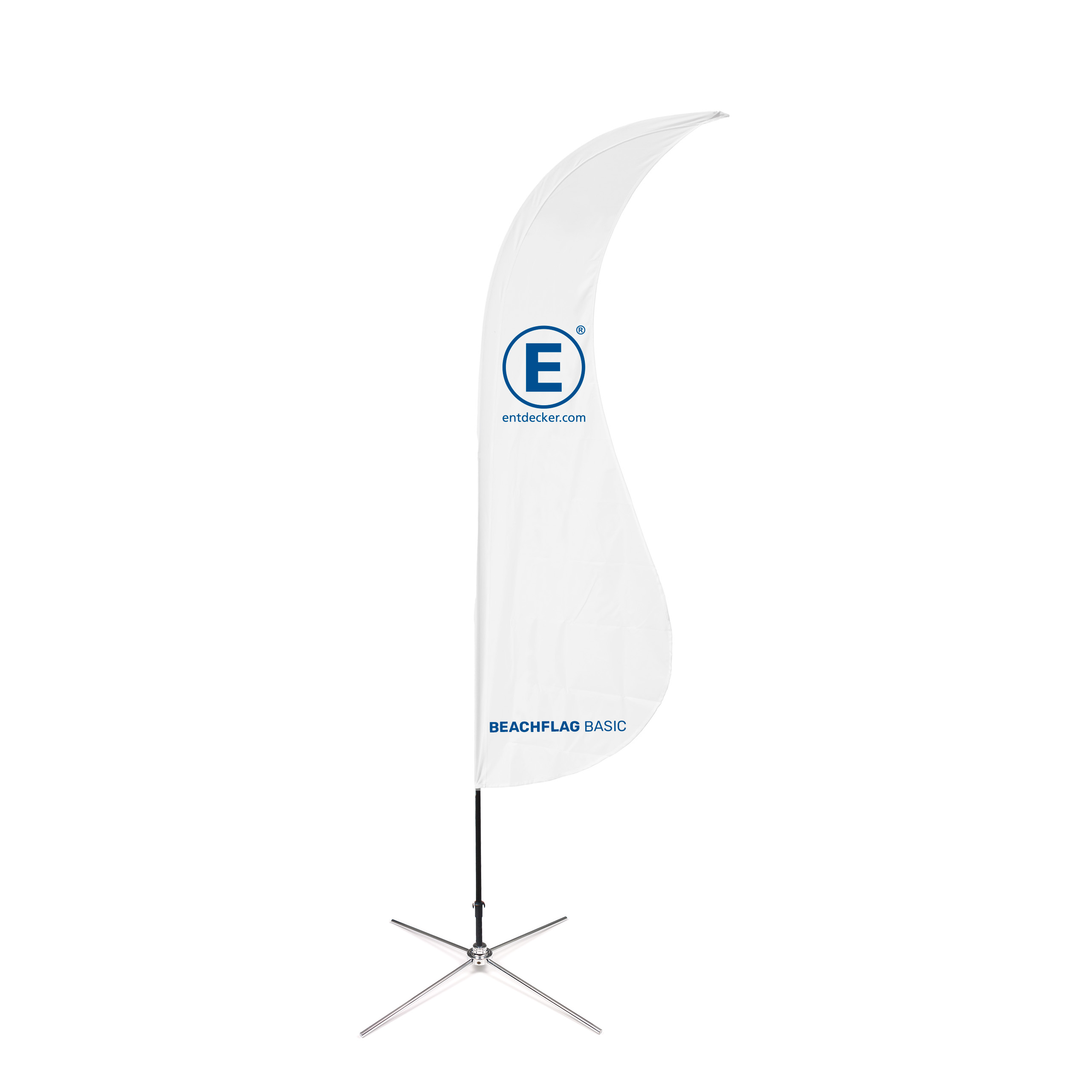 Beachflag Basic Straight von ENTDECKER, weiß mit blauem Logo und Schriftzug, auf einem stabilen Standfuß.