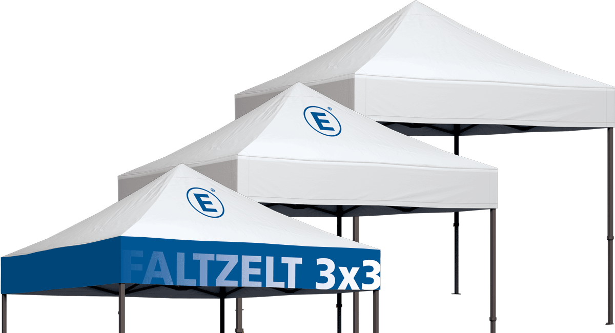 Drei Faltzelte in verschiedenen Designs: ein Zelt mit blauem Druck 'FALTZELT 3x3', ein schlichtes weißes Zelt und ein weiteres weißes Zelt mit dem Logo 'E'.