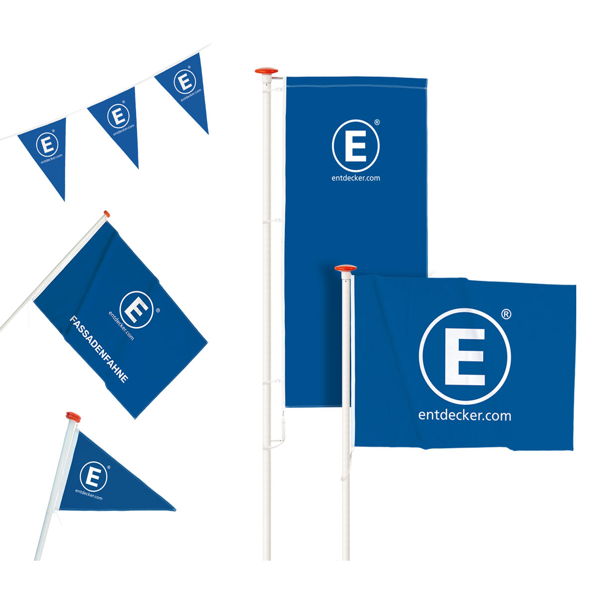 Beachflag Easyflag Set Drop Medium Pro in Blau, einseitig, mit schwarzem Standfuß und Logo von ENTDECKER.