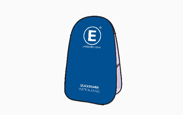 Blauer Quickboard Aufsteller in großer Größe mit dem Text 'QUICKBOARD' und der Website 'entdecker.com'