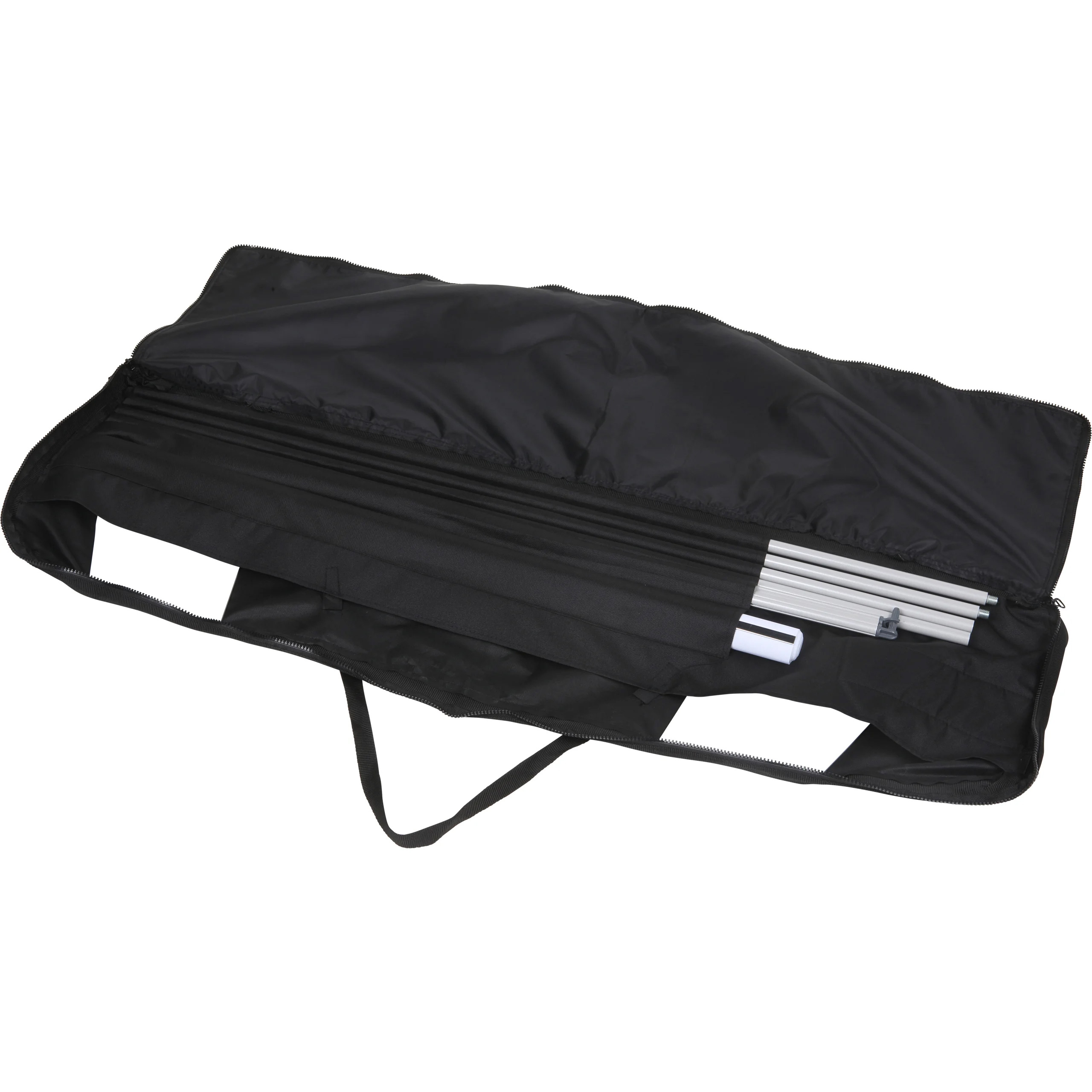 Schwarze Roll Up Easymag Tasche Professional mit geöffnetem Reißverschluss, zeigt Innenfächer und Stangen.
