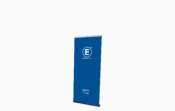 Rollup-Banner 'Easy-T Größe Set Small' in Blau mit Logo von ENTDECKER.