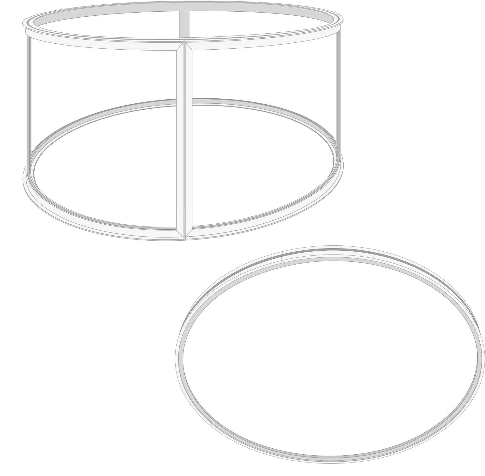 Cylindrical Deckenhänger aus dem Produkt Easyframe von ENTDECKER, bestehend aus einem weißen, runden Rahmen mit vertikalen Stützen.