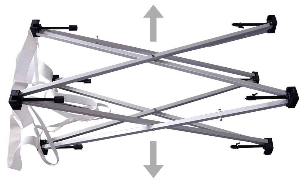 Falttheke Quickup in gefaltetem Zustand mit silbernen Aluminiumrahmen und verstellbaren Füßen.