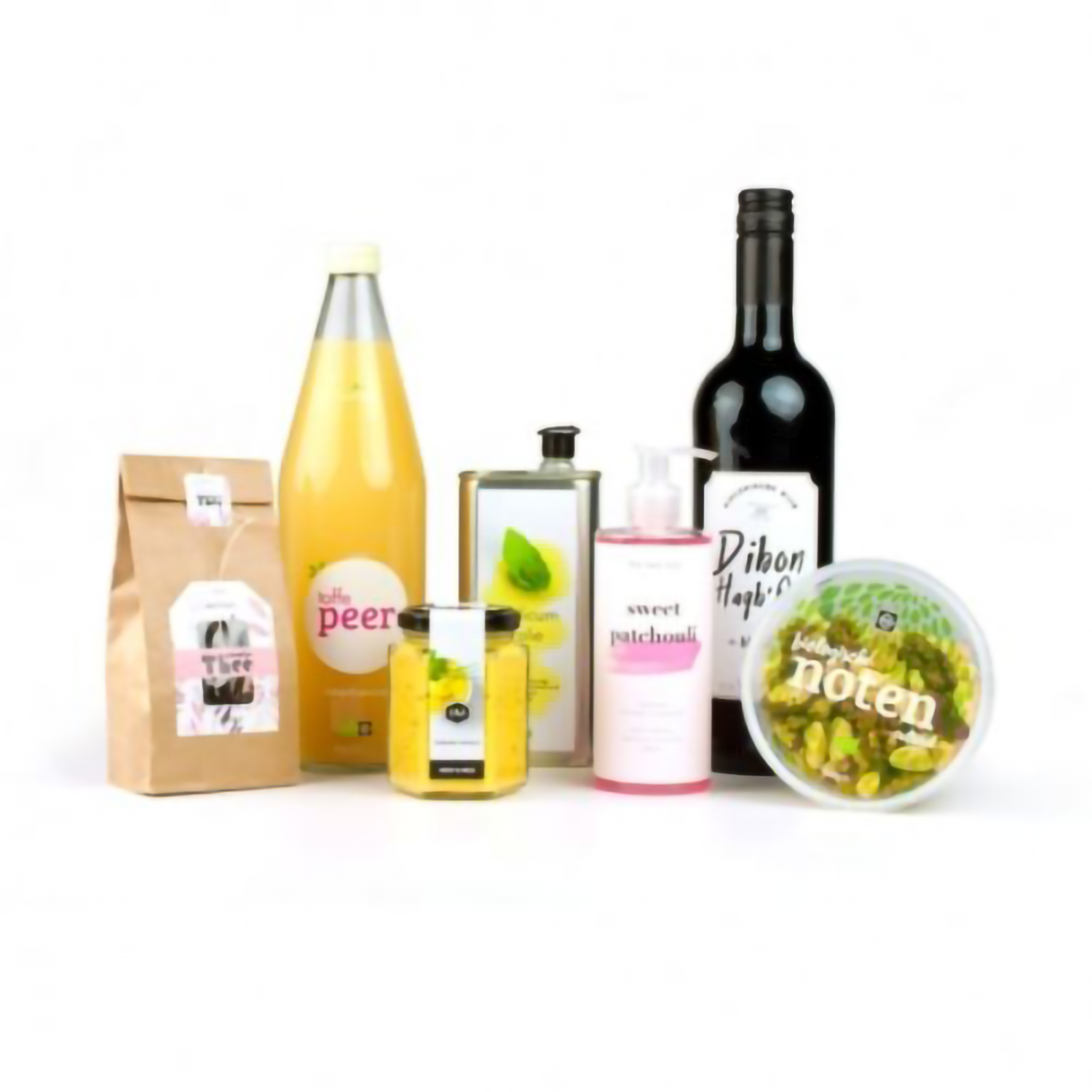 Produktaufkleber für verschiedene Lebensmittel, darunter Getränke, Öl, Kosmetik und Snacks.