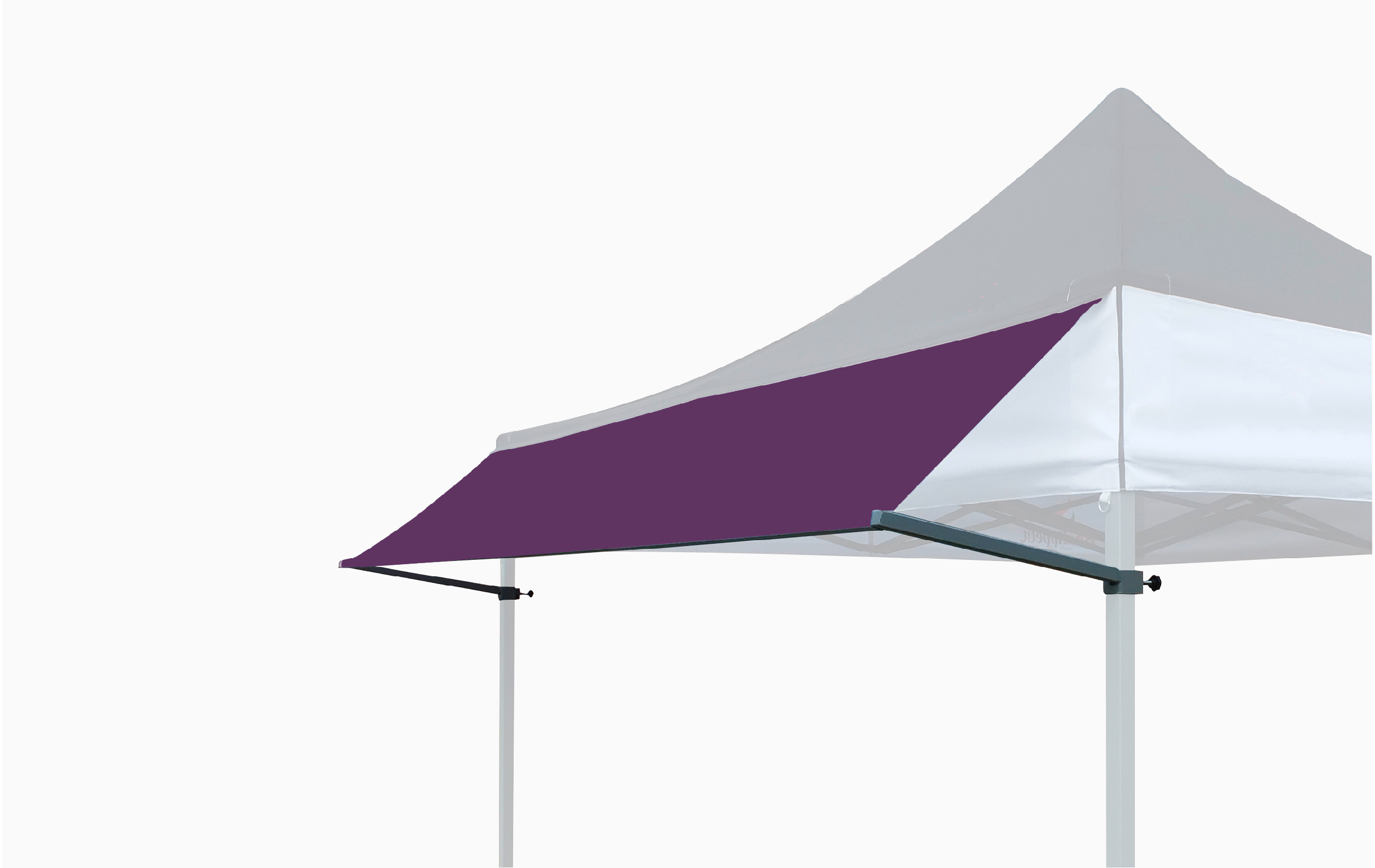 Violettes Vordach für Faltzelt, montiert an einem weißen Zelt, mit grauem Dach.