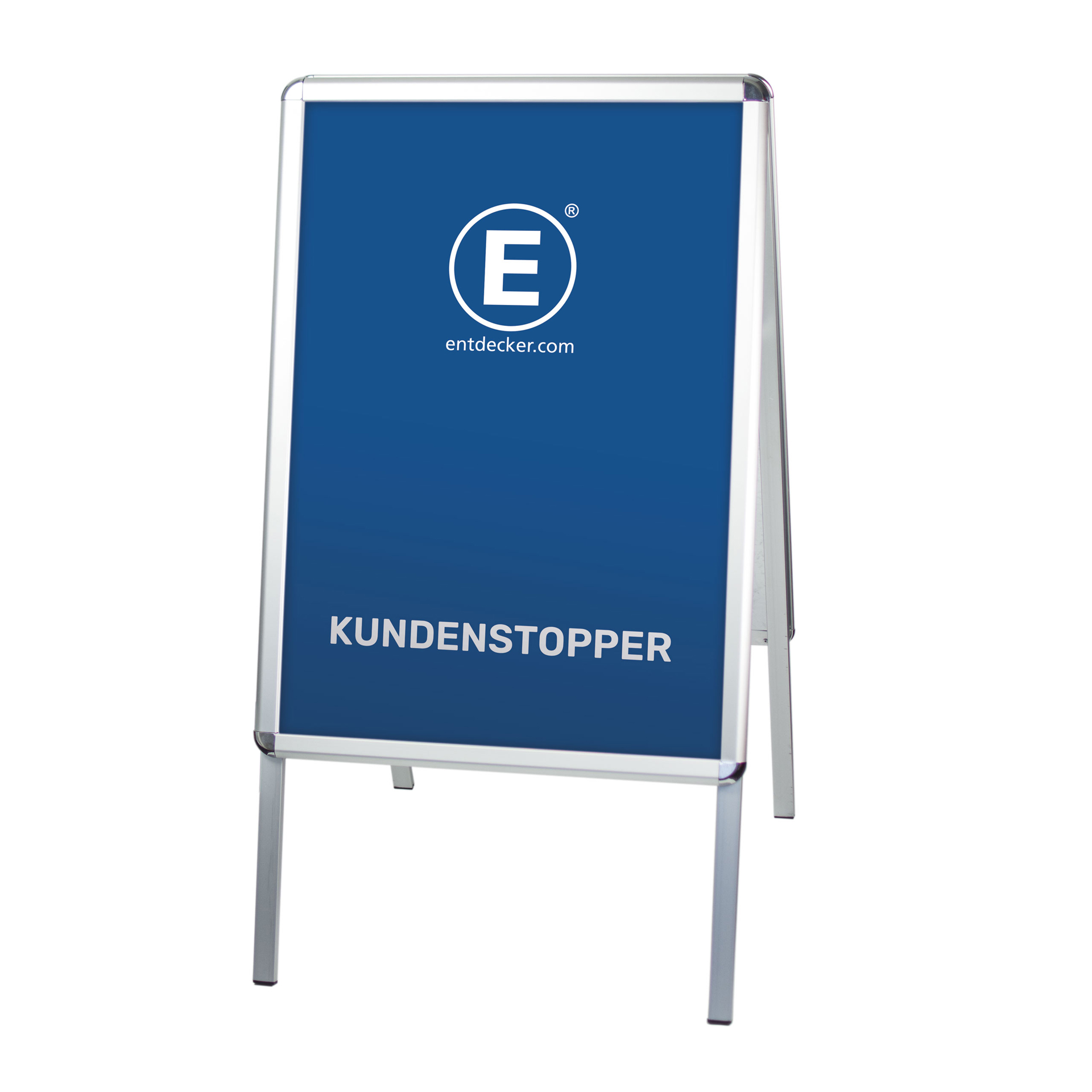 Drei Kundenstopper von ENTDECKER in verschiedenen Designs: ein klappbarer, ein aufstellbarer mit Standfuß und ein freistehender.