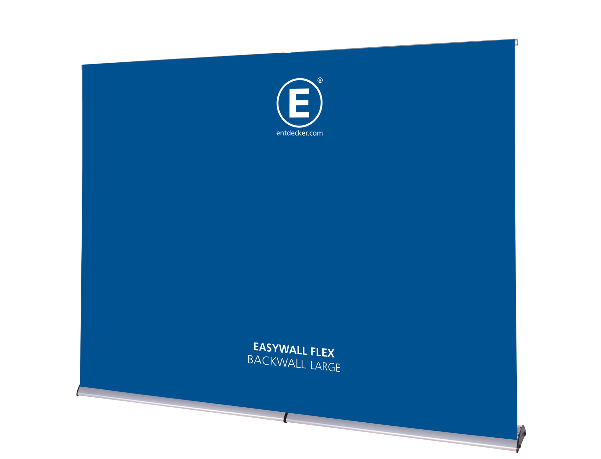Messewand Easywall Flex Backwall Small in Blau mit dem Logo von ENTDECKER.