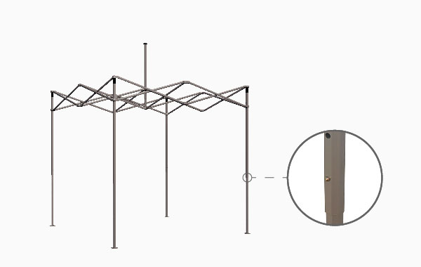 Faltzelt Gestell Octago mit einem stabilen, faltbaren Rahmen aus Metall und einem Detailansicht des Verbindungsmechanismus.