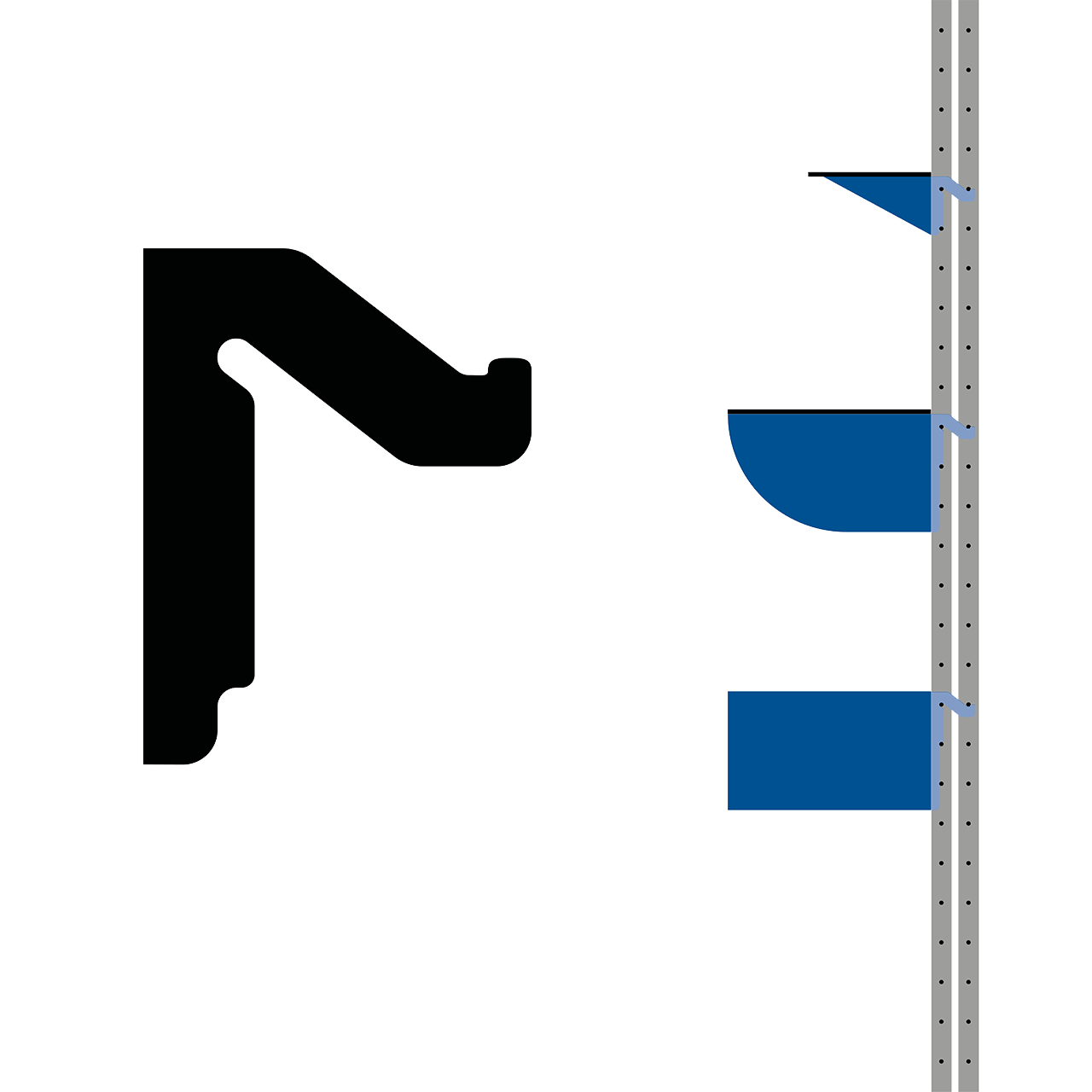 Diagramm der 'Extra starken Haken' von ENTDECKER, zeigt die Hakenform und Montage am Gestell.