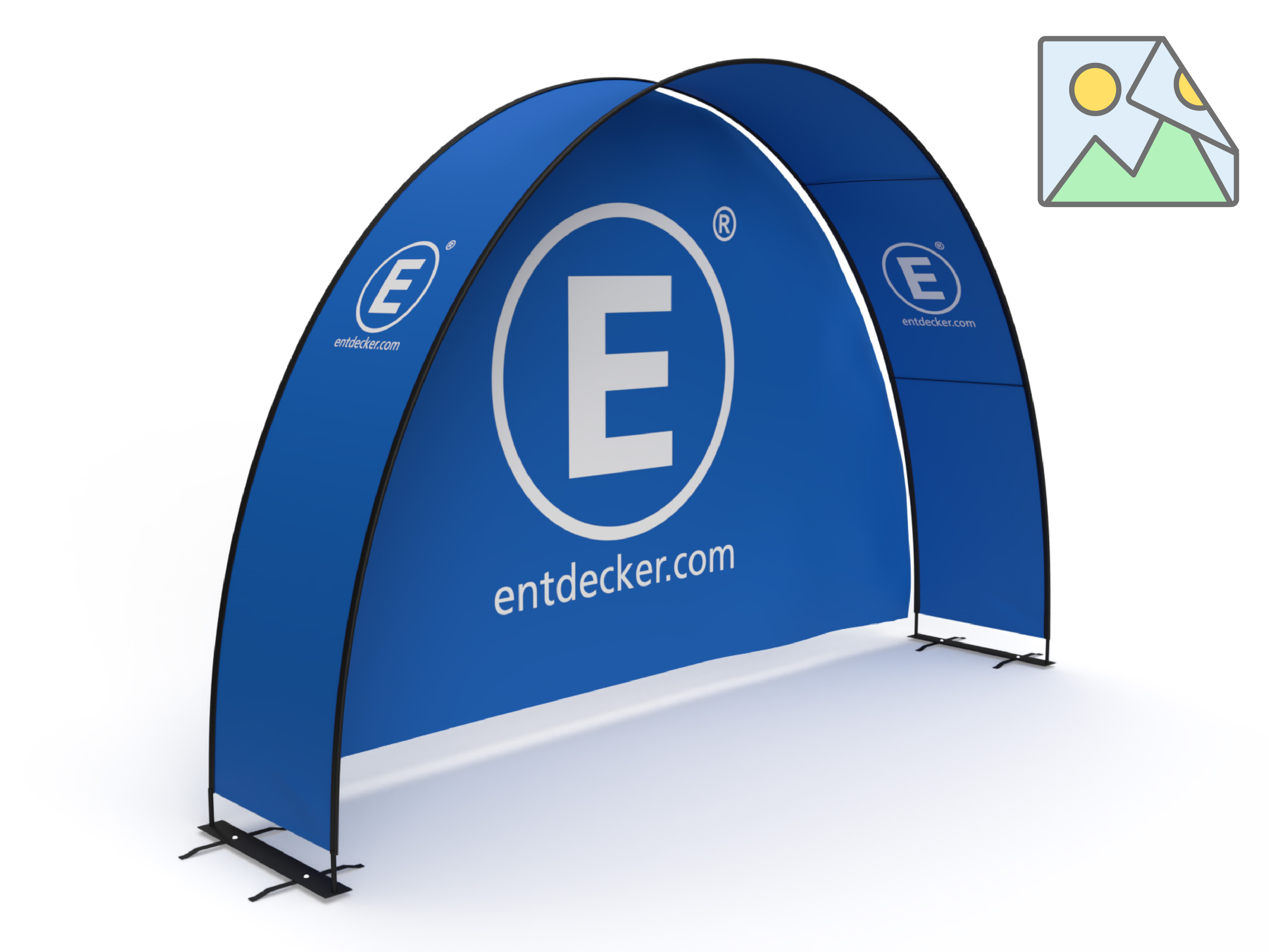 Doppelseitiger Eventbogen mit Rückwand in Blau, mit dem Logo von ENTDECKER.