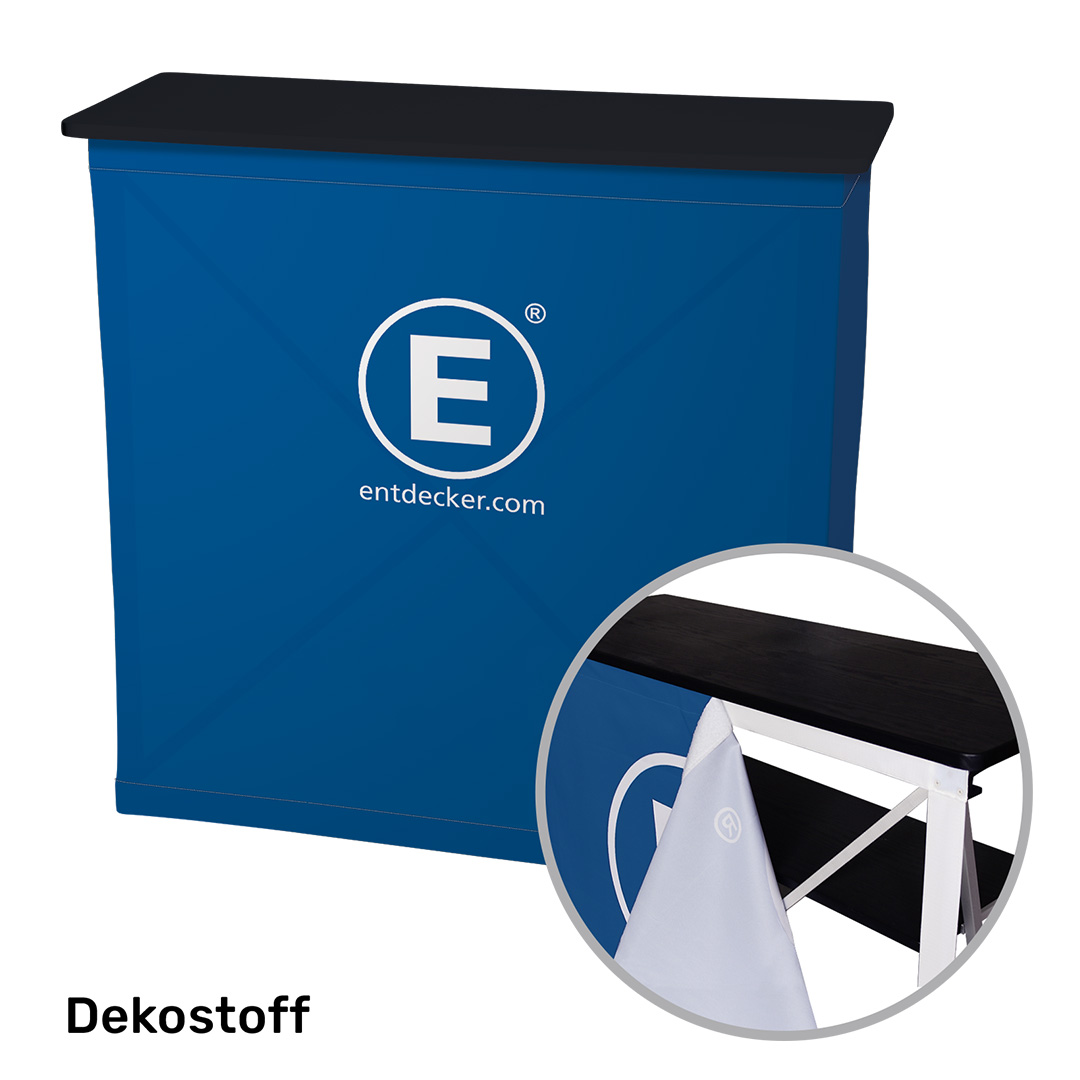 Falttheke Quickup von ENTDECKER mit blauer Dekostoff-Oberfläche und schwarzer Tischplatte, inklusive Sicht auf die Konstruktion.