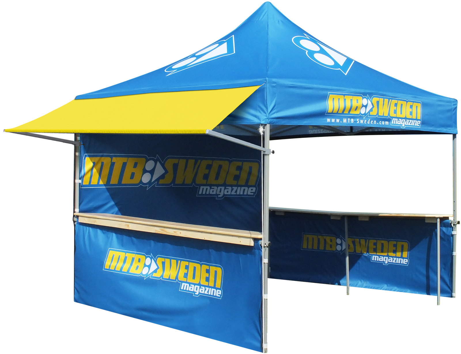 Faltzelt Mt Premium 3x3 in Blau mit gelbem Vordach, bedruckt mit 'MTB SWEDEN Magazine' auf den Seiten.