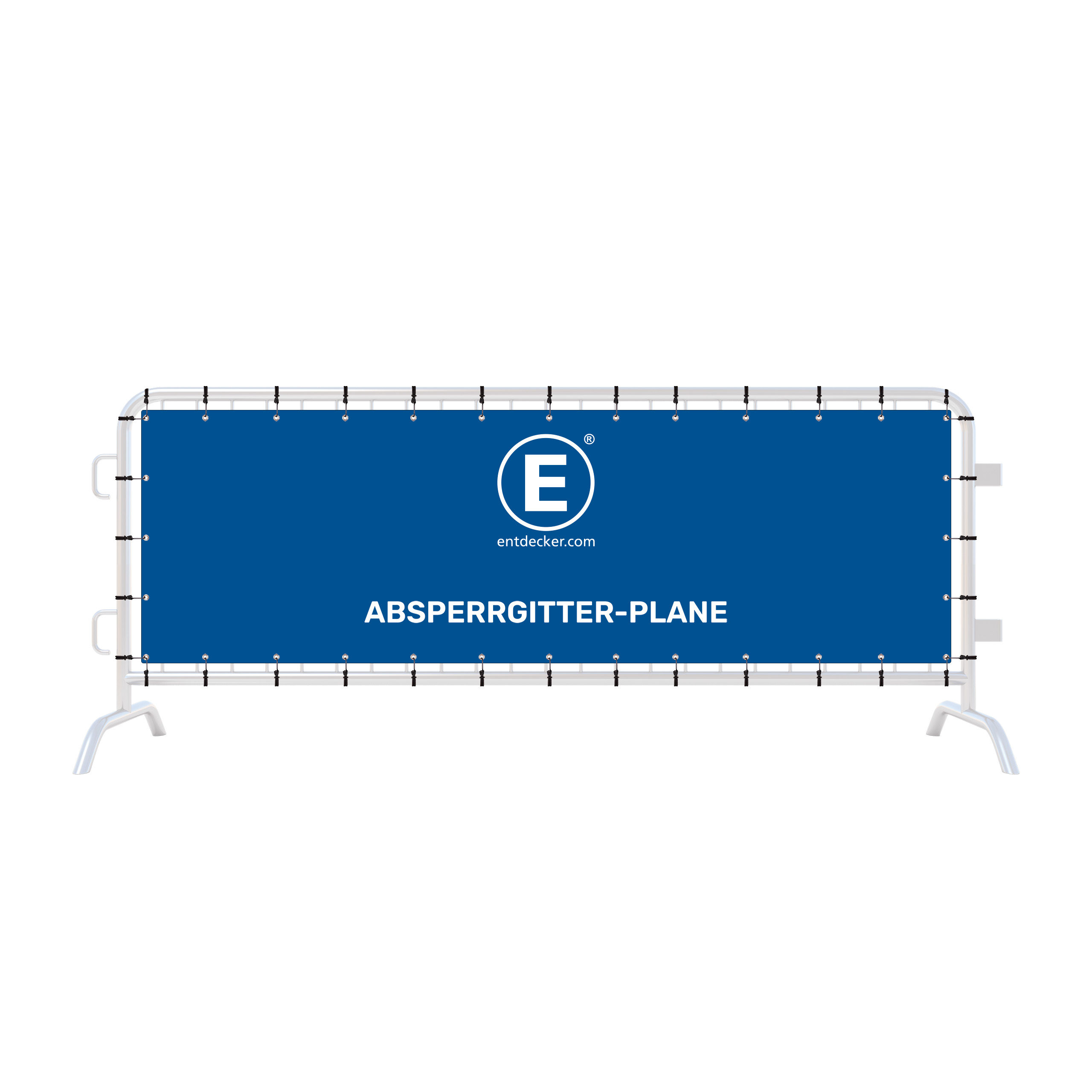 Bedrucktes Absperrgitter in Blau mit der Aufschrift ABSPERRGITTER-PLANE und dem Logo von ENTDECKER.