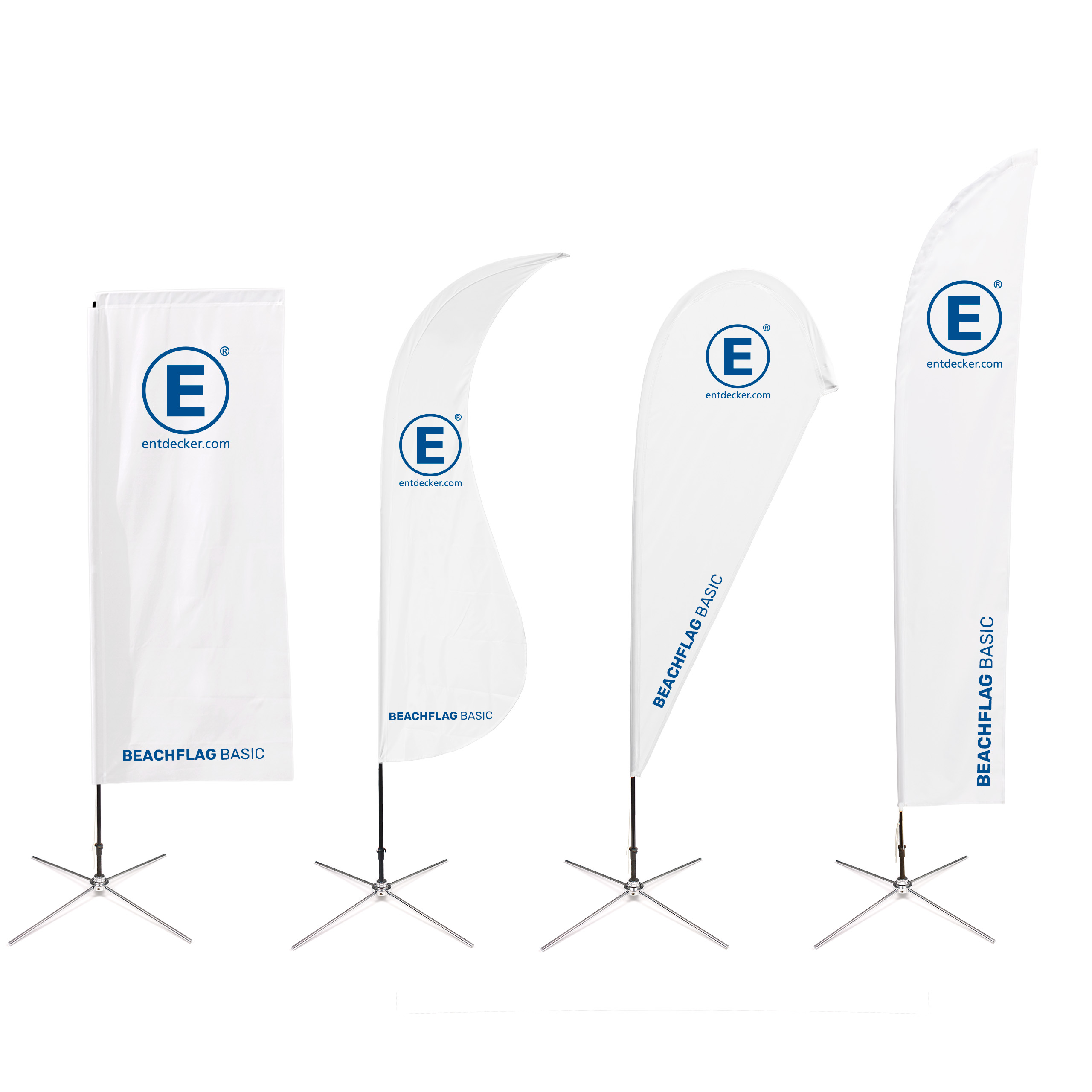 Beachflag Basic Drop von ENTDECKER, weiß mit blauem Logo und Schriftzug, auf einem stabilen Standfuß.