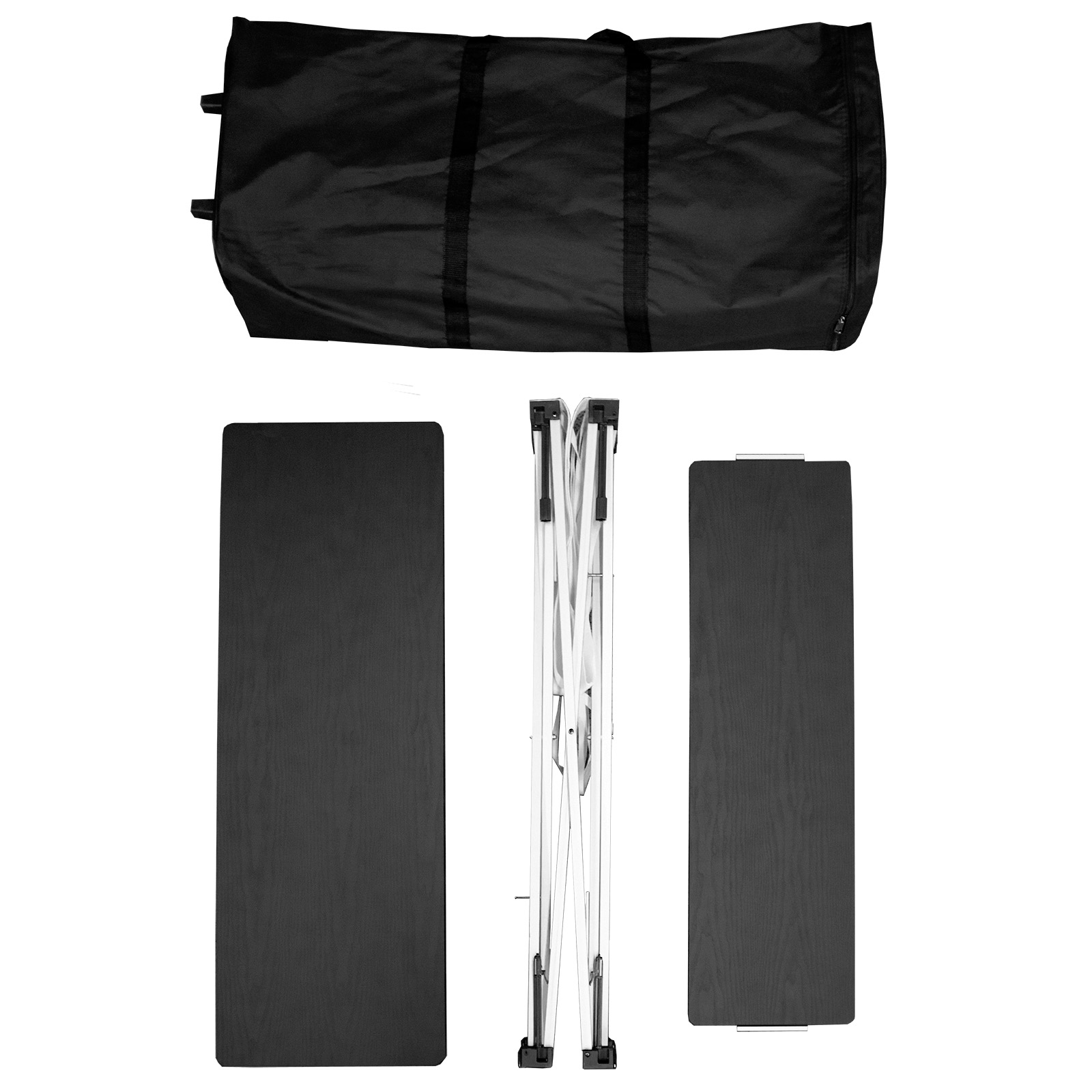 Falttheke Quickup Set von ENTDECKER, bestehend aus zwei Platten, einem zusammenklappbaren Gestell und einer Tragetasche.