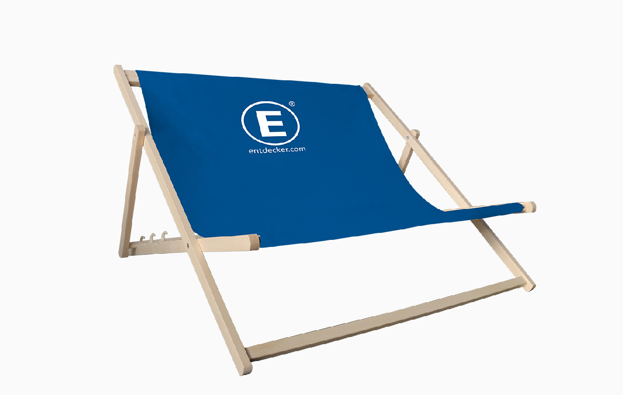 Liegestuhl Sd Stoff Doppelliege Einteilig Set in Blau mit Holzrahmen und Logo von ENTDECKER.