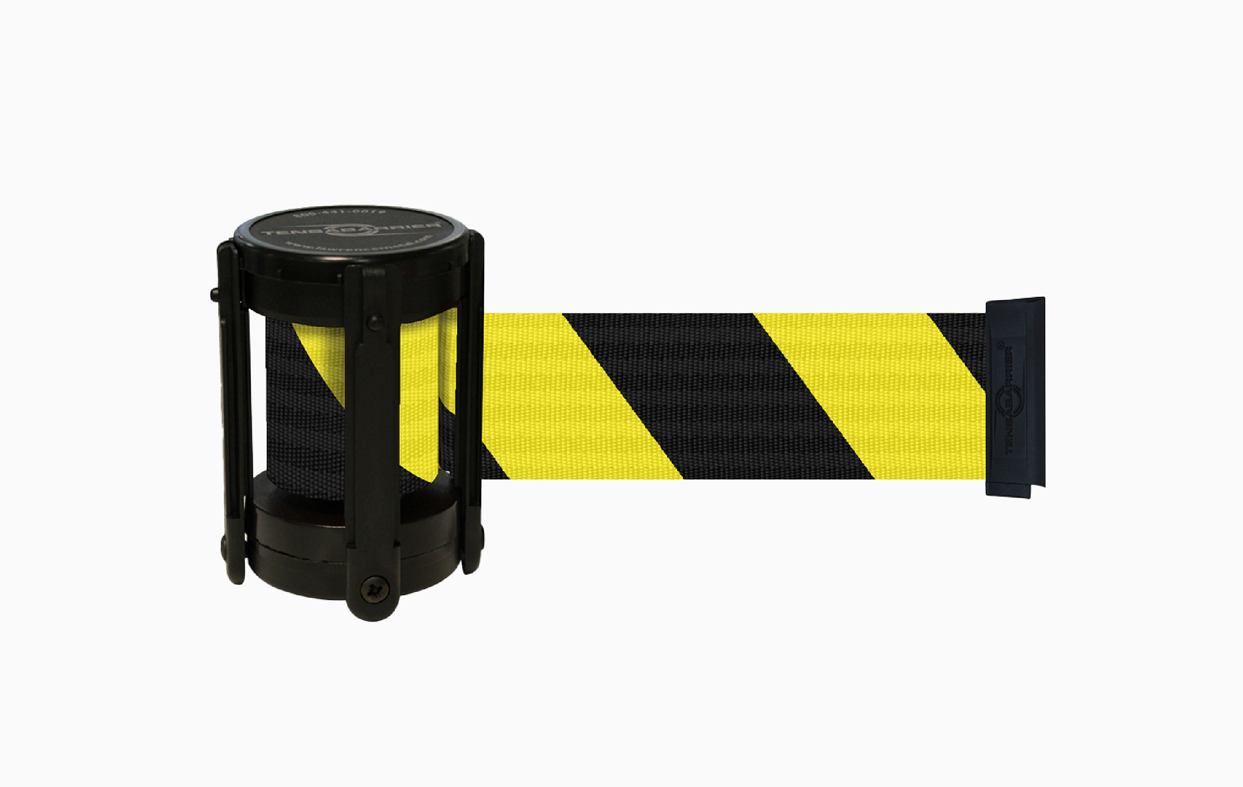 Tensator Kassetten in Schwarz-Gelb mit einem ausziehbaren Band für Absperrungen.