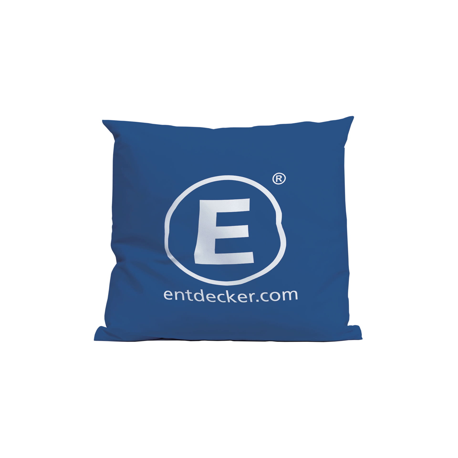 Blaues Außenkissen mit dem Aufdruck E und der Website entdecker.com