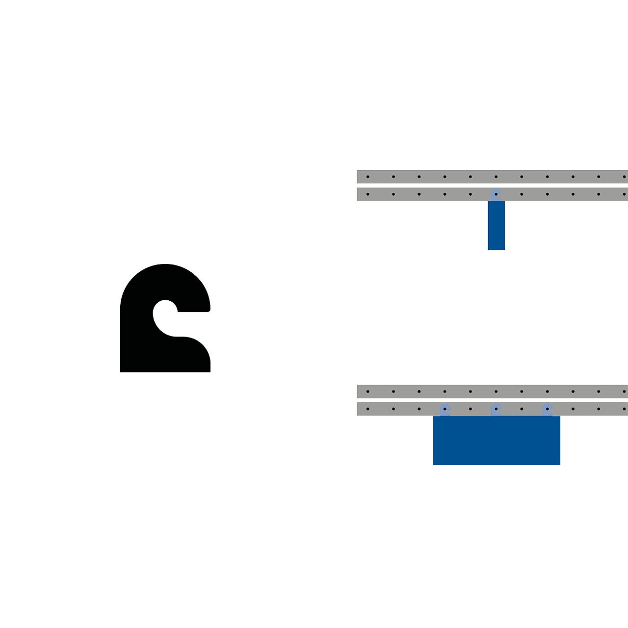 Diagramm der horizontalen Haken, die an einem Regal angebracht sind, mit blauen Markierungen zur Veranschaulichung der Position.