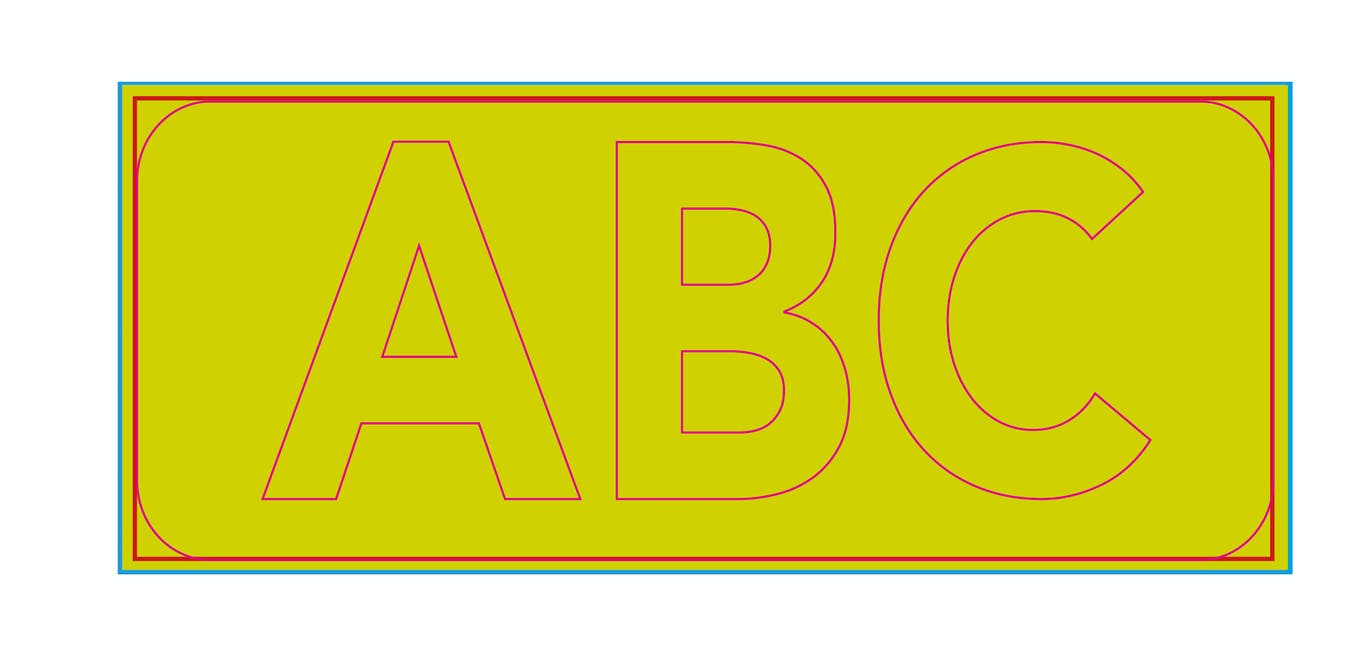 Produkt 'Formatieren von Farben bei Fräsbuchstaben' zeigt die Buchstaben 'ABC' in gelber Farbe auf einem rechteckigen Hintergrund mit roten und blauen Konturen.