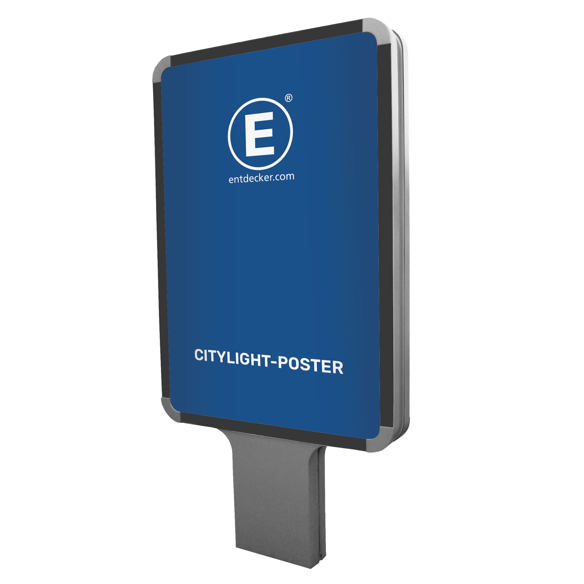 Citylight-Poster von ENTDECKER in blauer Farbe mit Logo und dem Text CITYLIGHT-POSTER.