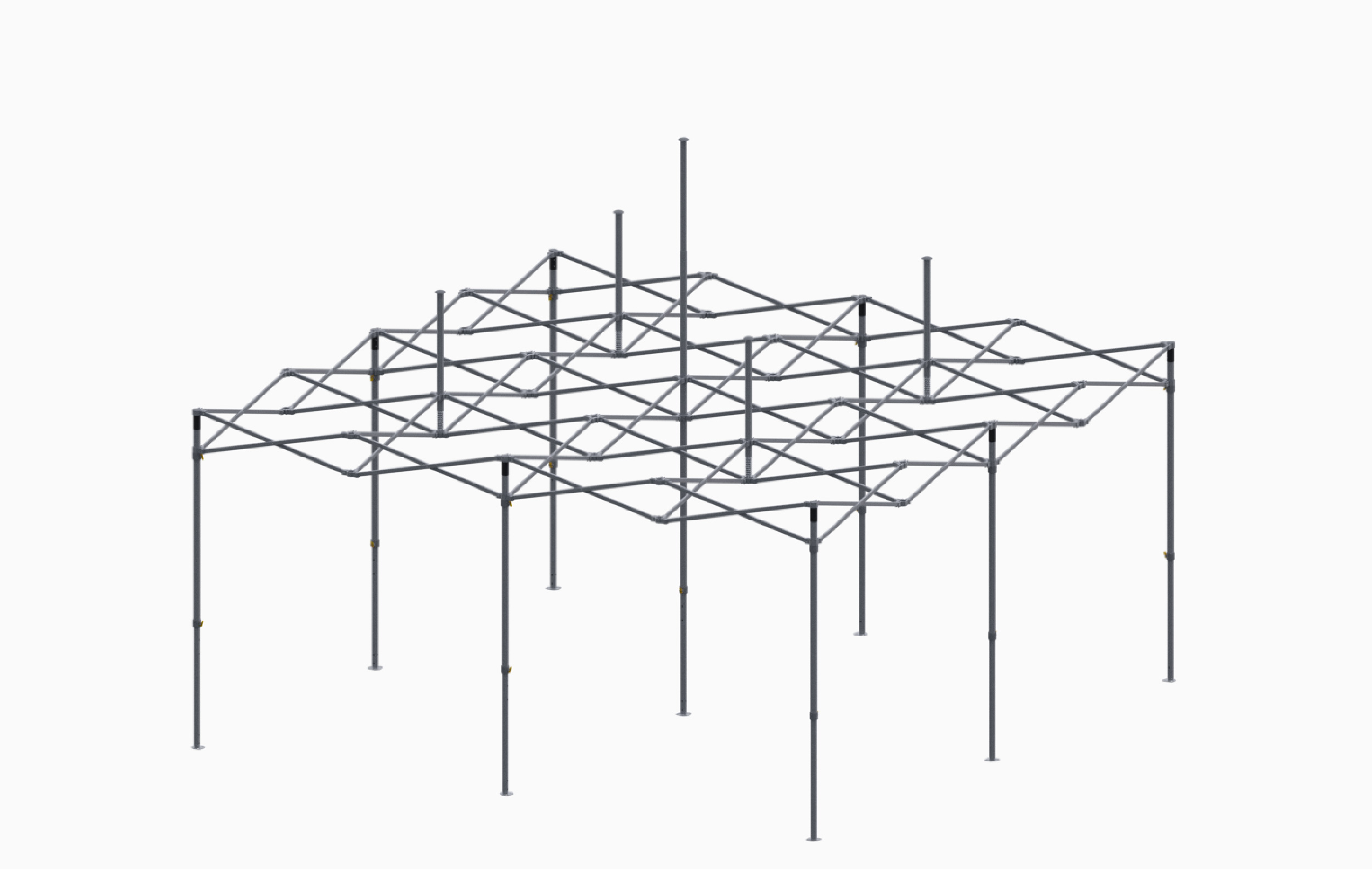 Faltzelt Gestell in Größe 5x5, aus Metall, mit mehreren Stützpfosten und einem komplexen Rahmen.