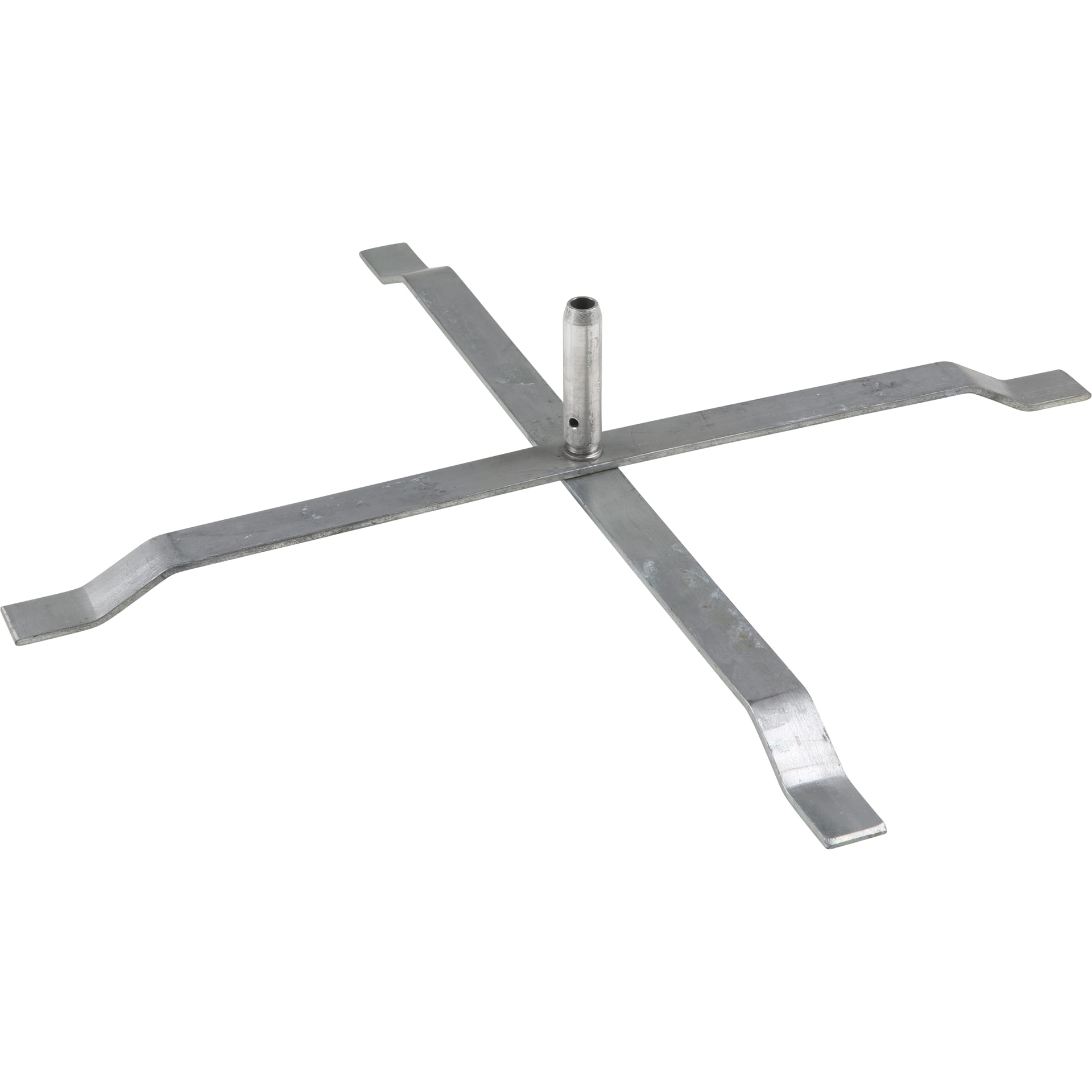 Kreuzfuß aus Metall für Beachflags, geeignet für stabilen Stand, mit zentraler Halterung.