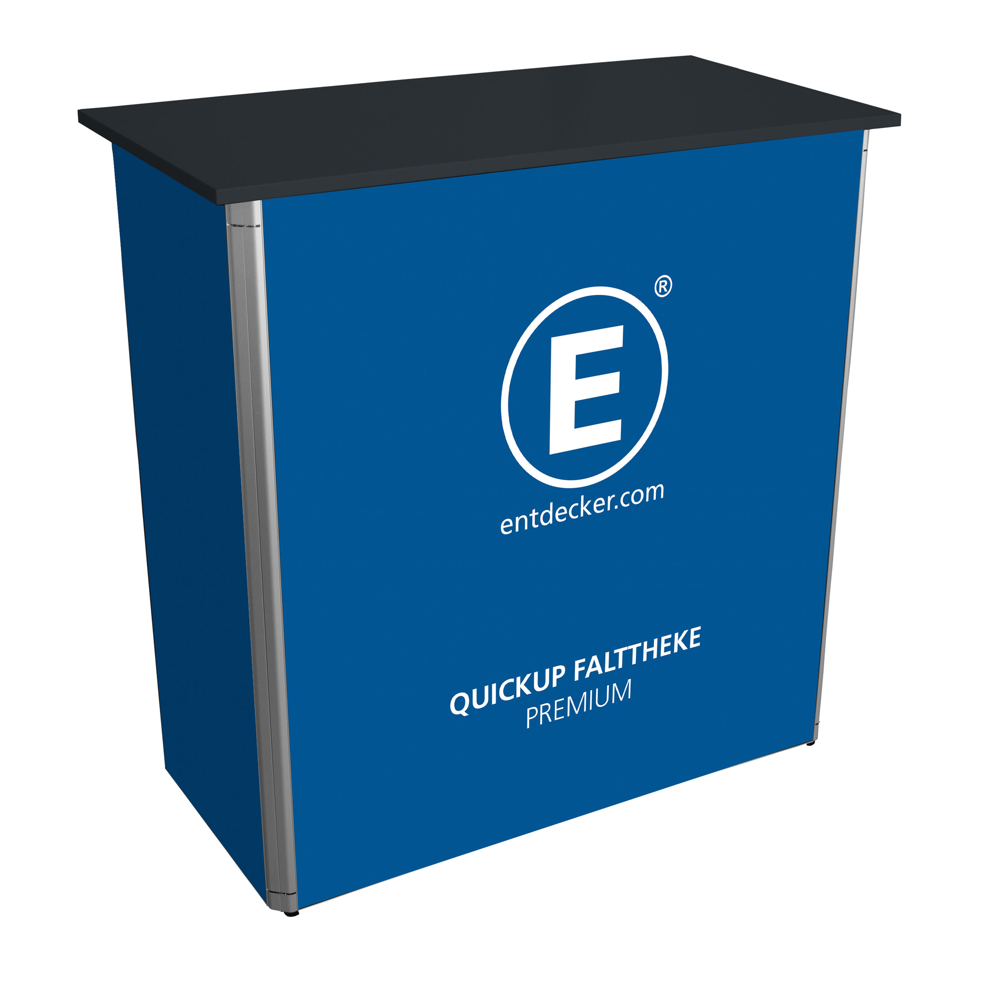 Klapptheke Quickup Premium in Schwarz mit blauer Front und weißem Logo von ENTDECKER.