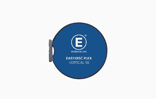 Werbedisplay Easydisc Befestigung Vertical 50 Standard in blauer Farbe mit dem Schriftzug 'EASY DISC FLEX VERTICAL 50' und dem Logo von ENTDECKER.