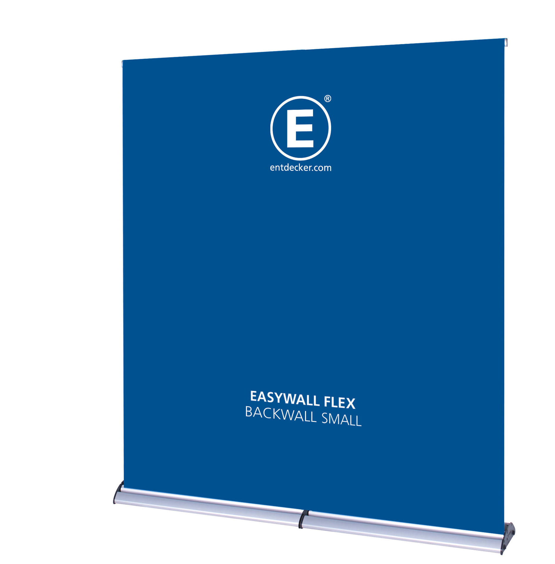 Messewand Easywall Flex in mittlerer Größe, blaue Farbe mit weißem Logo und Text.