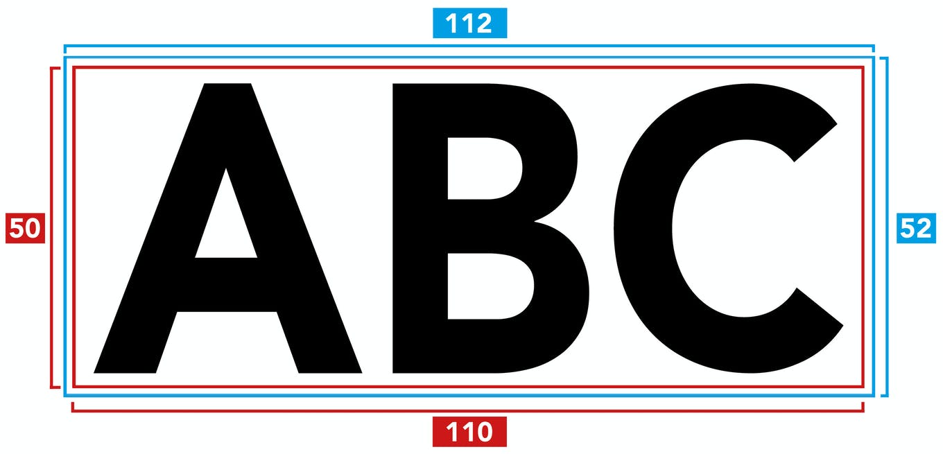Technische Zeichnung mit den Maßen für das Formatieren von Beschnitt bei Fräsbuchstaben, zeigt die Buchstaben 'ABC' in großer Schrift.