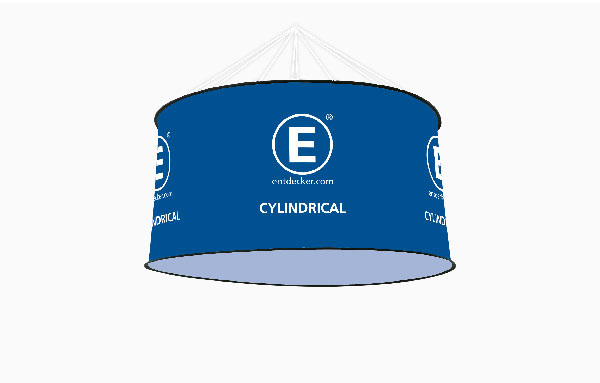 Deckenhänger Cylindrical in kleiner Größe, blau mit dem Logo von ENTDECKER und der Aufschrift 'CYLINDRICAL'.
