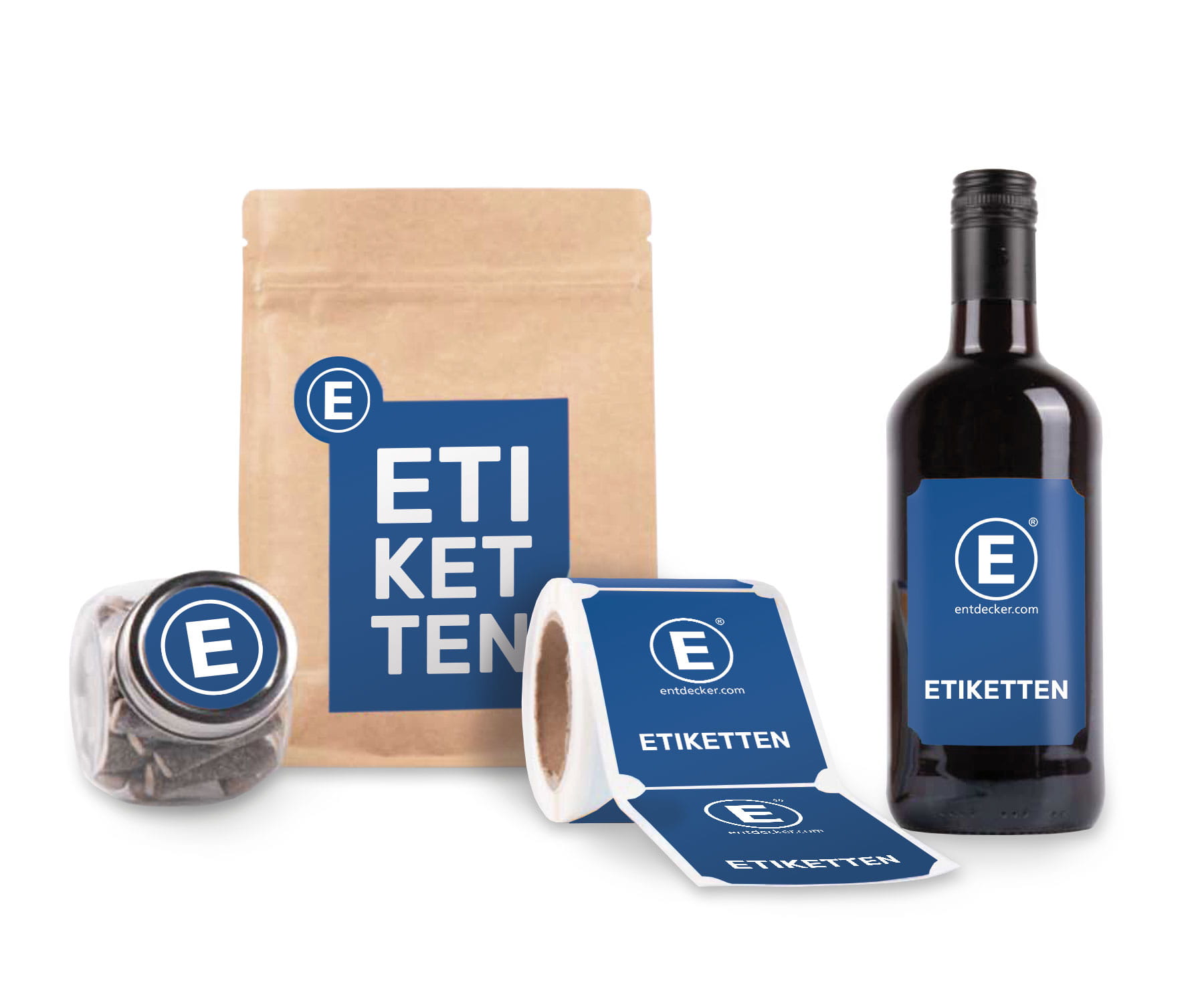 Produkt: Etiketten bedruckt von ENTDECKER, präsentiert auf einer Flasche, einem Glas und einer Tüte.