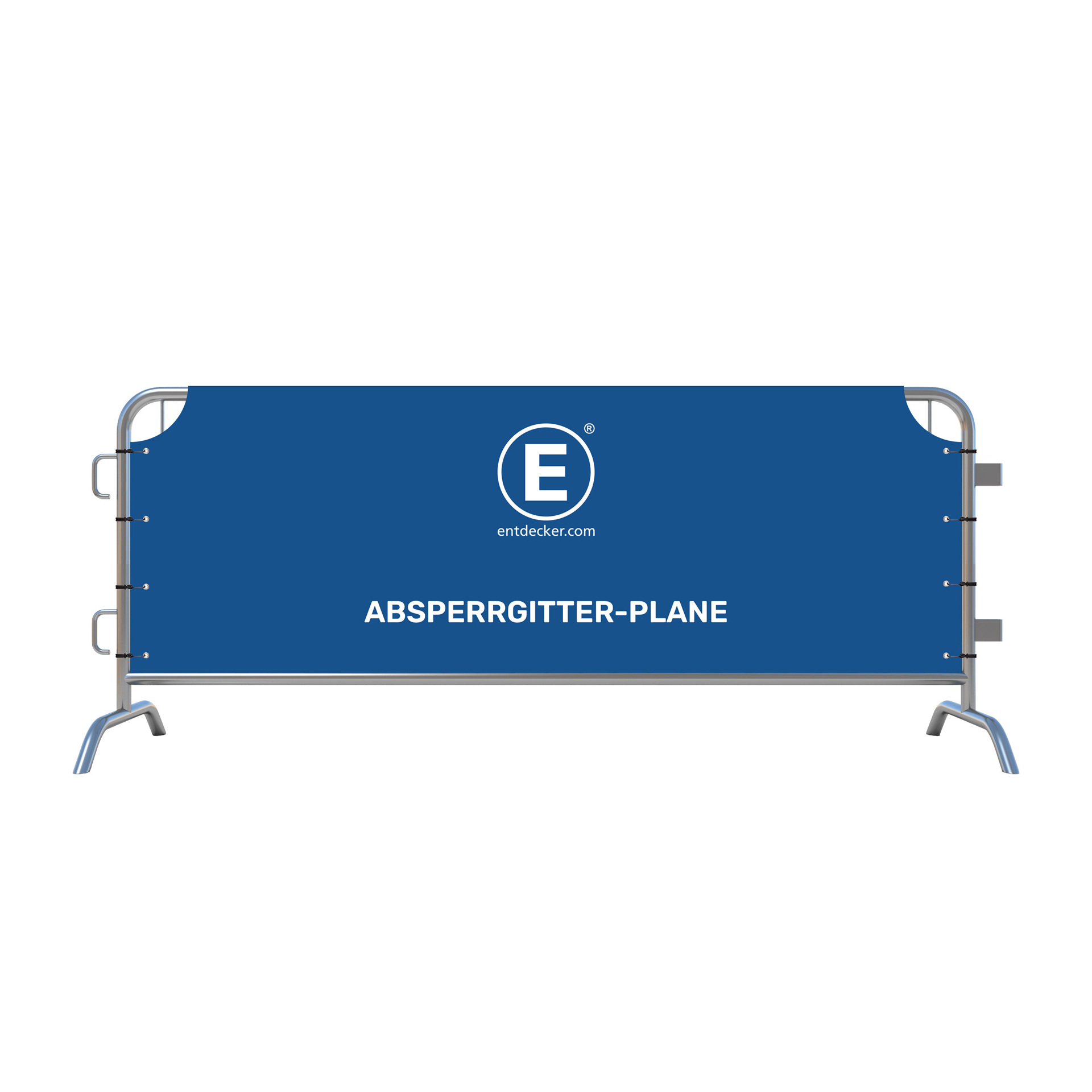 Bedrucktes Absperrgitter in Blau mit der Aufschrift ABSPERRGITTER-PLANE und dem Logo von ENTDECKER.