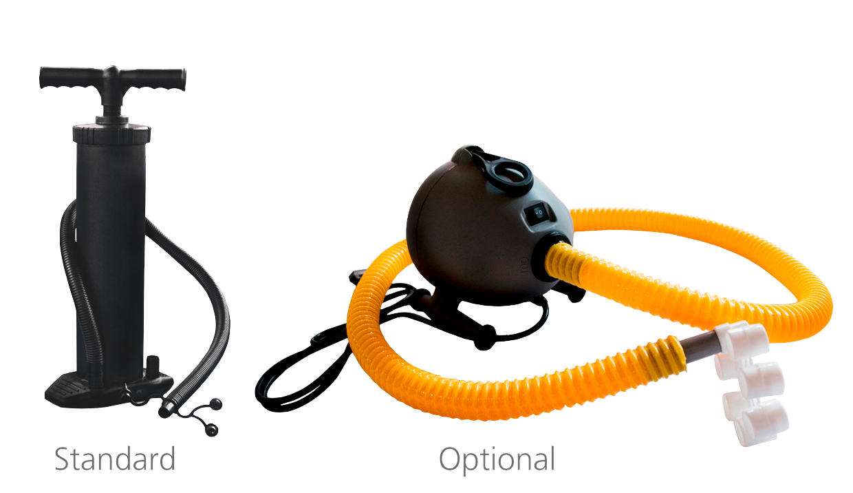 Vento Theke Pumpen: Standardpumpe links mit Schlauch und optionale Pumpe rechts mit orangefarbenem Schlauch und zwei Anschlüssen.