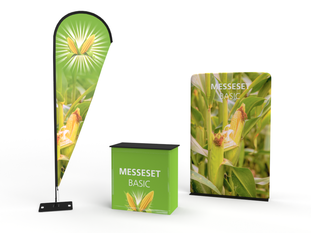 Messeset Basic von ENTDECKER: Ein Werbebanner, ein Tisch und ein Display mit Maismotiv.