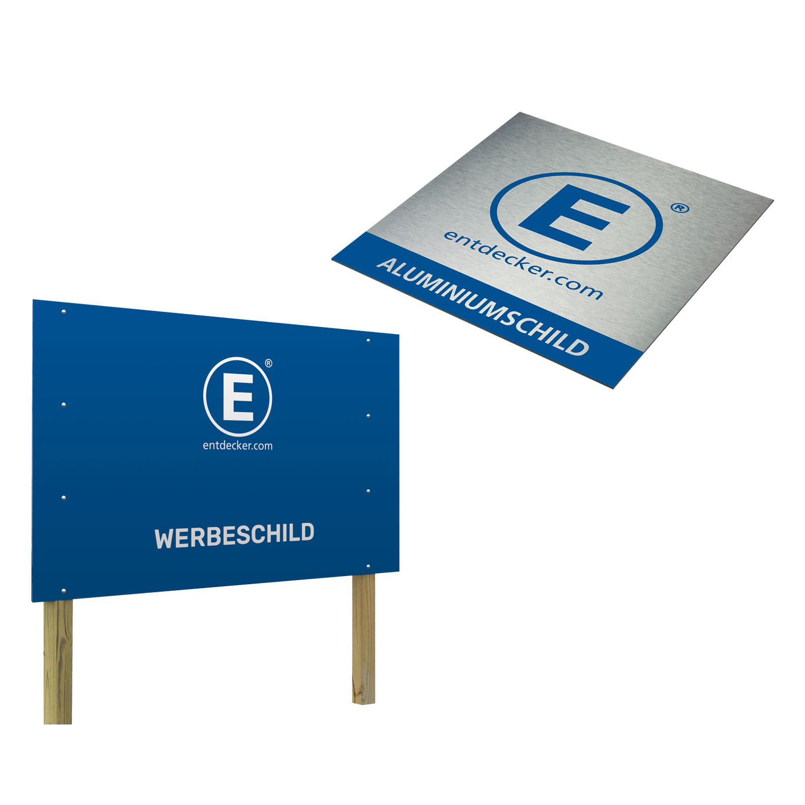 Zwei Werbeschilder, befestigt an Holzpfählen und an der Wand befestigt, aus Aluminium.