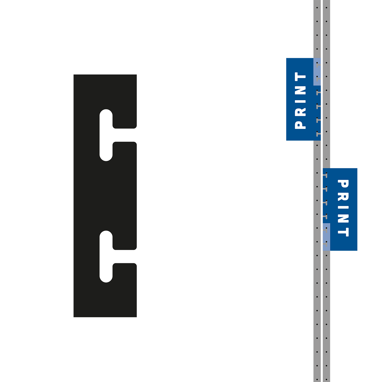 Wendbarer Haken von ENTDECKER, zeigt eine schematische Darstellung mit zwei Haken und Druckmarkierungen.
