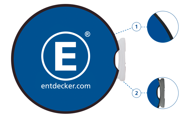 Detailansicht des Werbedisplays Easydisc Flex von ENTDECKER, zeigt Logo und Kantenstruktur.