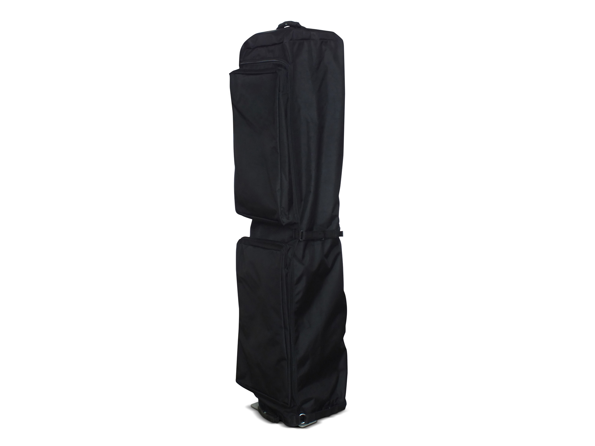 Schwarze Transporttasche für Octa Zelte, aufrecht stehend mit seitlichen Taschen.