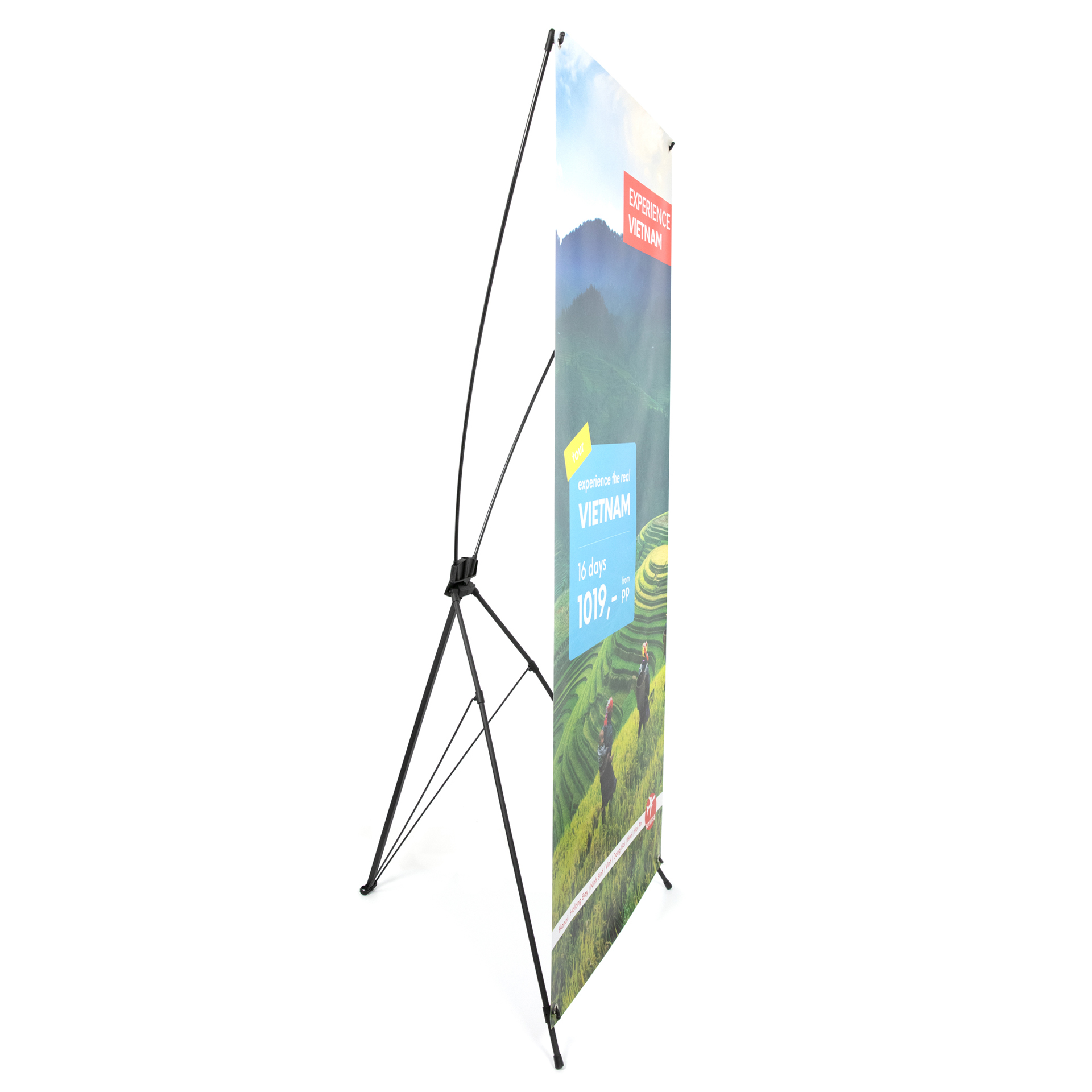 X Banner mit dem Text Experience Vietnam, zeigt Reisfelder und zwei Wanderer in der Landschaft.
