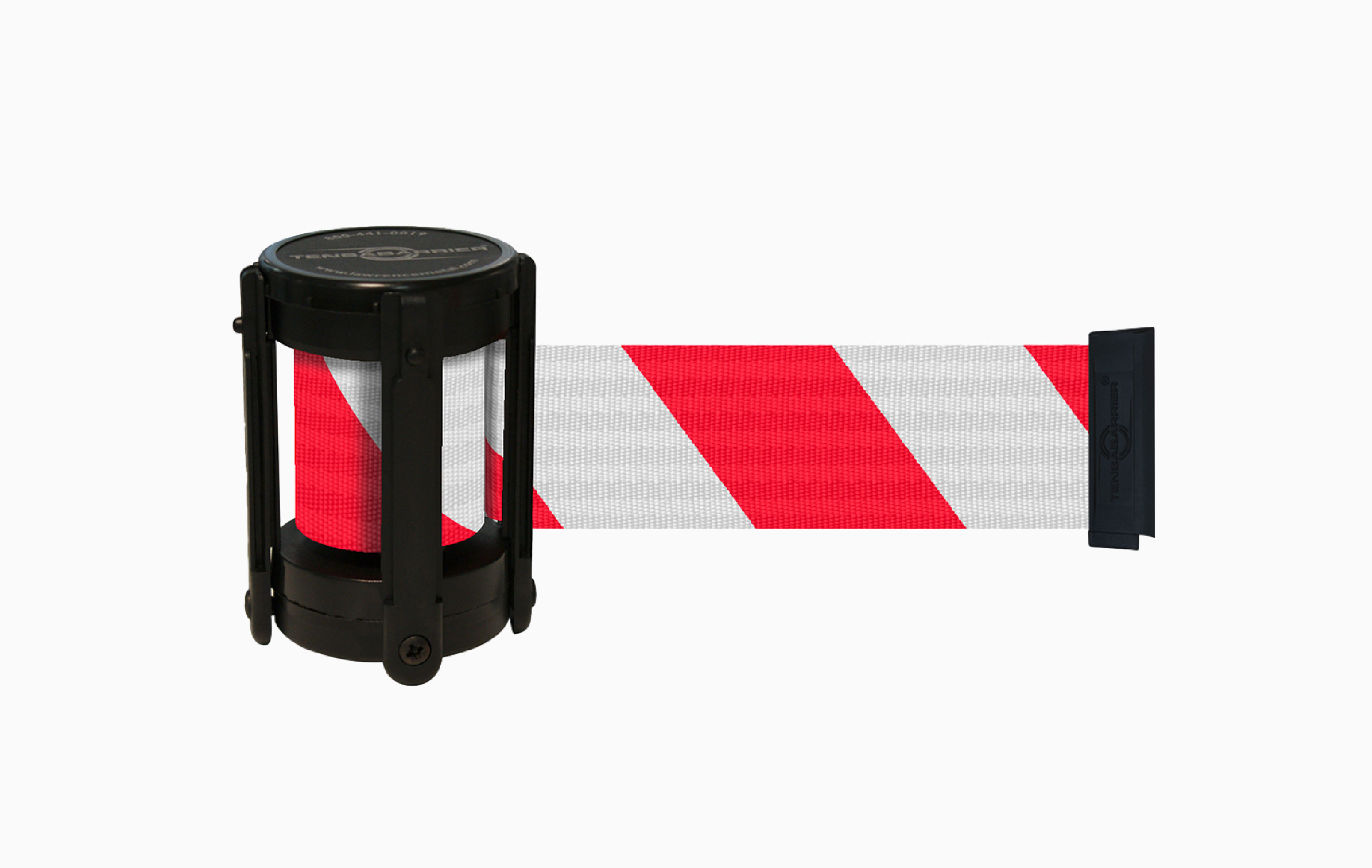 Tensator Kassetten mit rot-weißer Absperrband, schwarz, für Sicherheits- und Absperrzwecke.