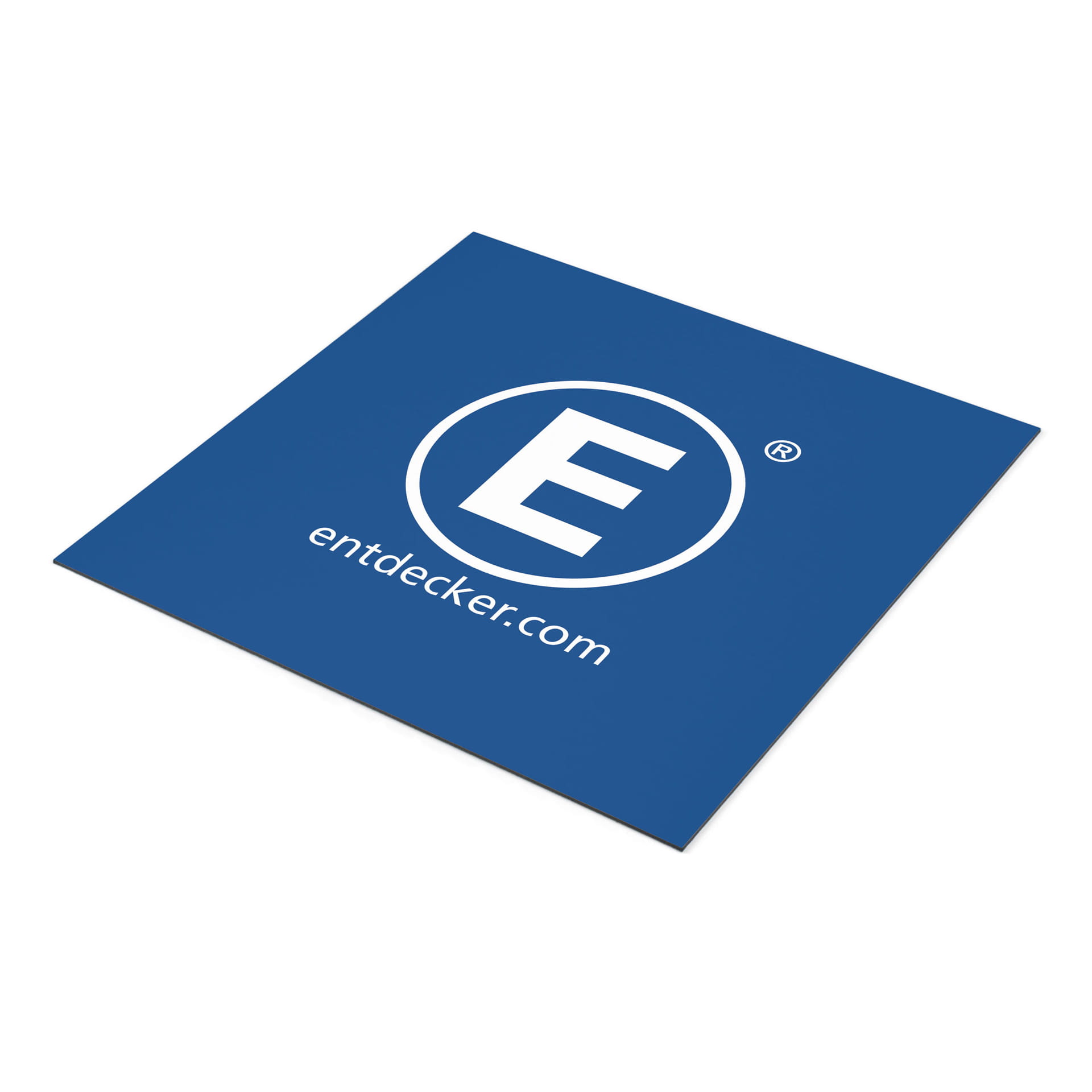 Bedrucktes Fassadenschild in Blau mit dem weißen Logo E und der Website entdecker.com
