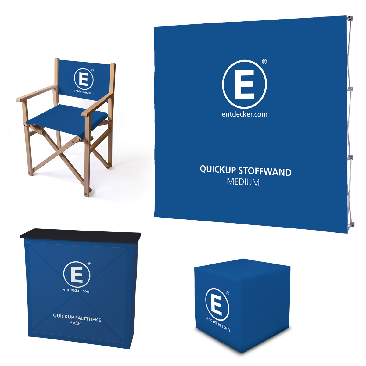 Verschiedene Messemöbel mit Entdecker-Logo und verschiedenen Grafiken.