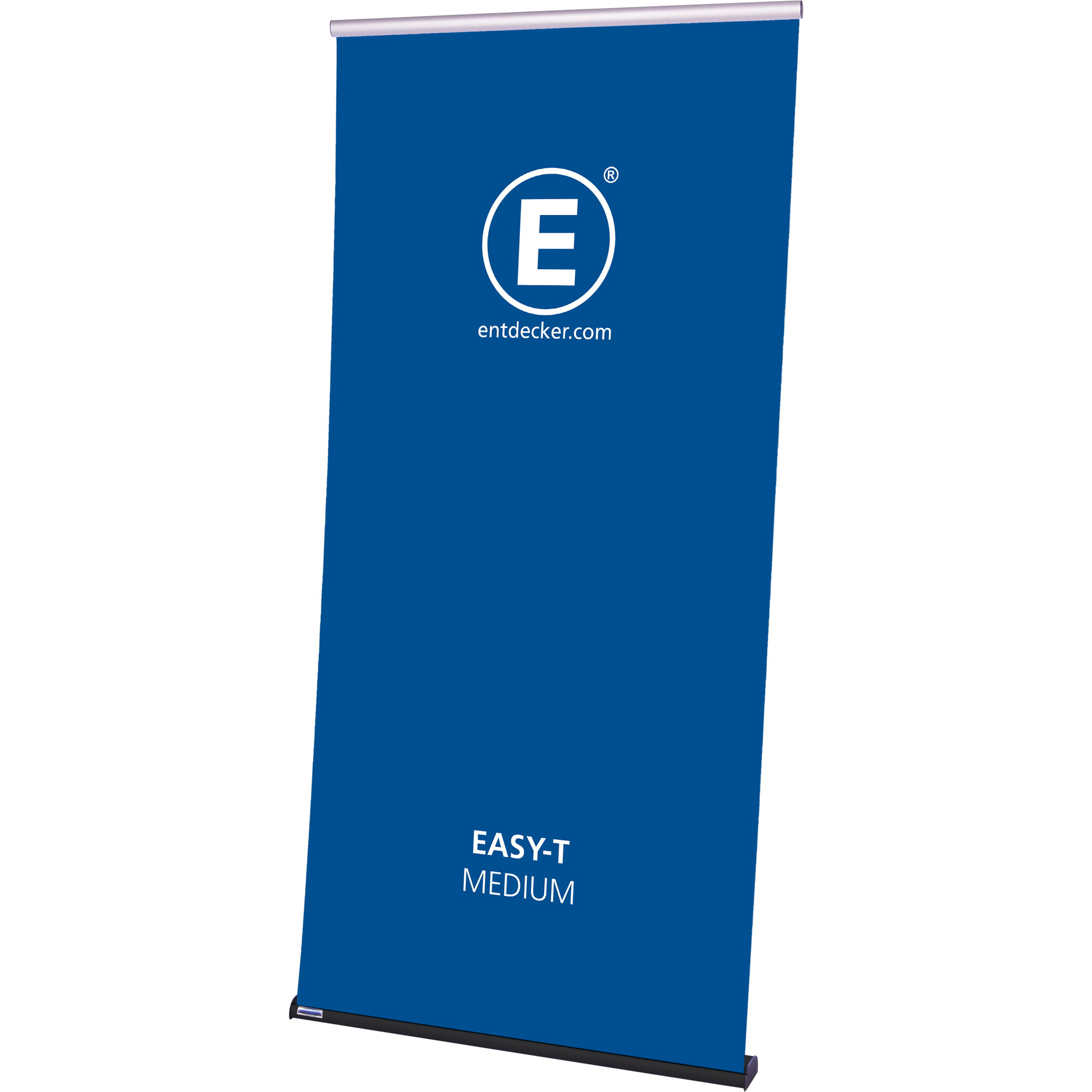 Zwei Roll-Up Banner des Produkts Rollup Easy-T Roll Up Set Small X Large in blauer Farbe mit dem Logo E und der Website entdecker.com.