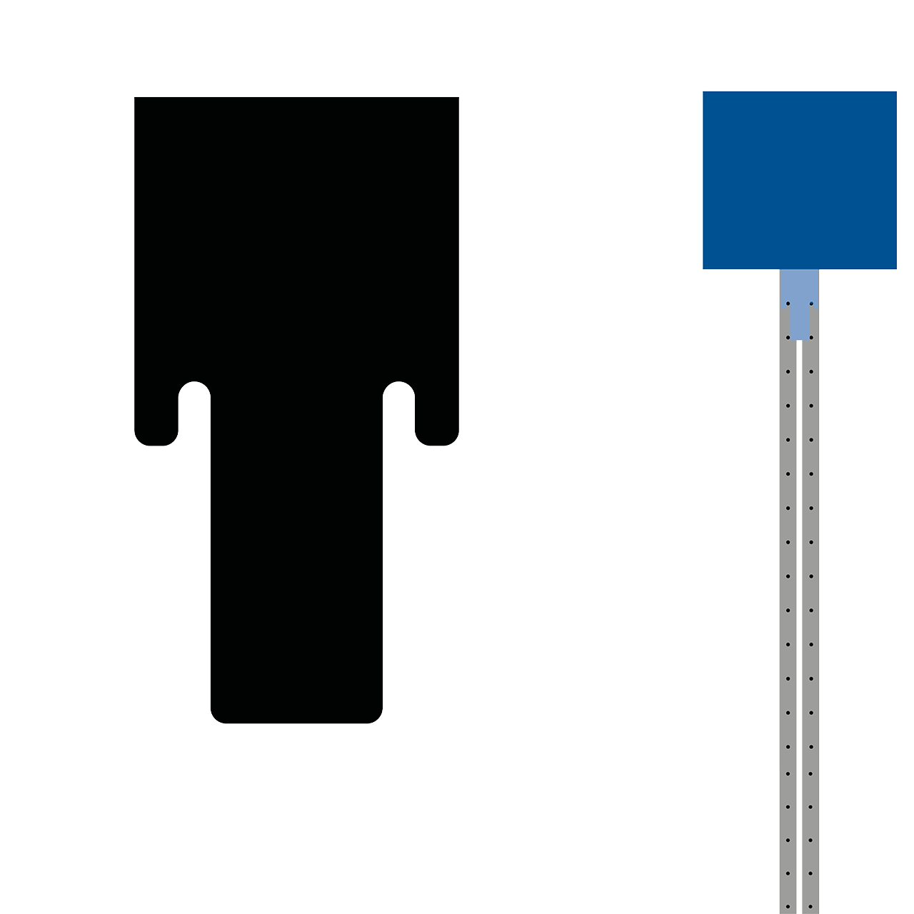 Topperhaken von ENTDECKER, zeigt die Form und eine Montageanleitung mit einem blauen Schild.